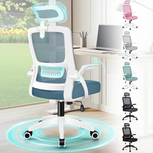 Image of ELFORDSON Ergonomic Office Chair, Mesh Desk Chairs with Headrest Lumbar Support, Executive Computer Swivel Chairs with Flip-up Armrests, Comfy Seat, Height Adjustable, Rocking for Home, White & Blue