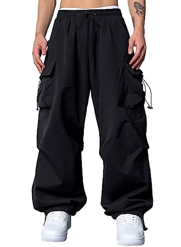 Image of JMIERR Mens Baggy Cargo Trousers Trendy Casual Parachute Pant Loose Fit Harem Joggers with Pockets for Streetwear,Black,L