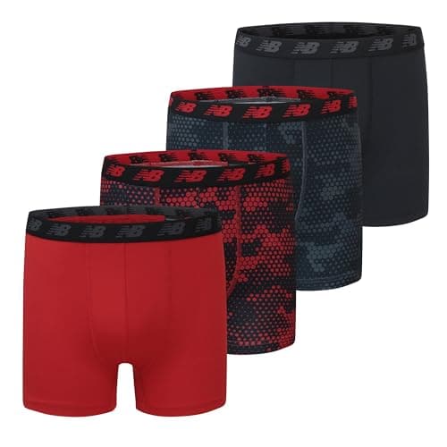 Image of New Balance Boys' 3.5" Performance Boxer Briefs Trunks Underpants (4 Pack), Magnet Print/Team Red/Black/Team Red Print, Large