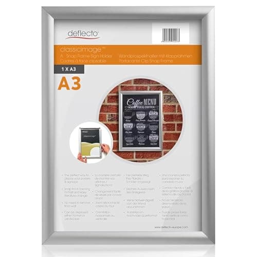 Image of Deflecto A3 Snap Frame Silver - Aluminium Clip Frame for Certificate, Wall Display & Photo Hanger - Poster Holder with Convenient Front Opening Clips