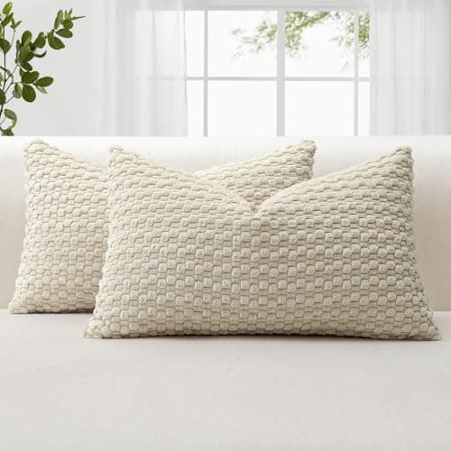 Image of JOTOM Corduroy Soft Decorative Cushion Covers 30x50 cm Set of 2 Decorative Throw Pillow Covers with 3D Bubble Texture Pillowcase for Couch Sofa Bedroom Soft Cushion Case for Home Decor (Beige)