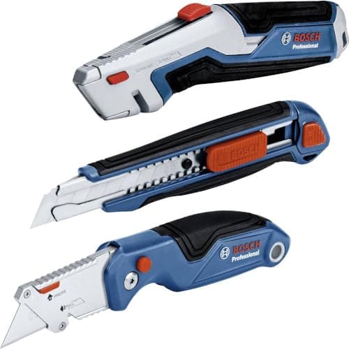 Image of Bosch Professional three-part knife set (incl. utility knife with retractable blade and replacement knife blades in handle, cutter knife, folding utility knife with replacement knife blades in handle)