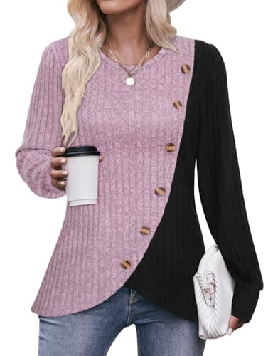 Image of Flikity Ladies Long Sleeve Tops, Crew Neck Jumper Women Pullover Sweater for Women Going Out Tops Ladies Lightweight Jumpers Size 16-18 Spring Autumn Winter Clothes L Pink
