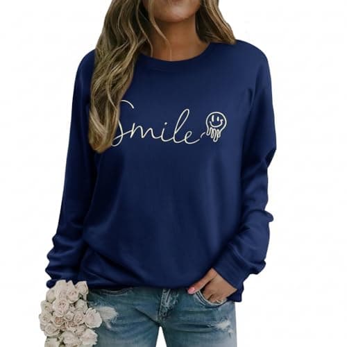 Image of WIEIYM Women's Sweatshirts Smile Sweatshirt Cotton Graphic Crewneck Sweatshirt Funny Long Sleeve Tops Basic Pullover for Spring Autumn Winter Navy S