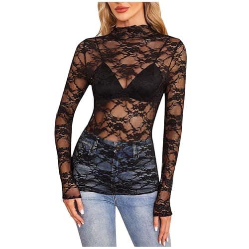 Image of Women's Long Sleeve Mesh Tops Mock Neck Sheer Blouse See Through Floral Lace Tops Crew Neck Summer Slim Fit T-Shirts Y2k Going Out Tees Party Clubwear Shirts Vacation Outfits