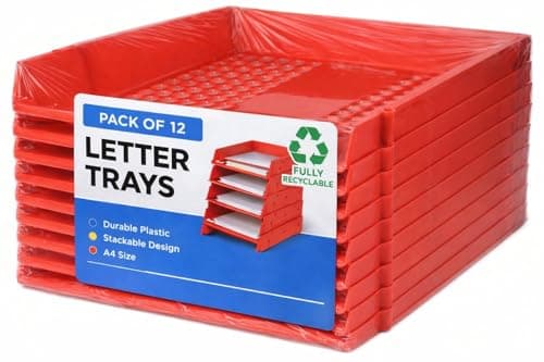 Image of Deflecto A4 Pk of 12 x Essential Letter Tray In Red, A4 paper tray organiser, letter organiser storage, desk trays - CP043YTREDX12 - Pk of 12