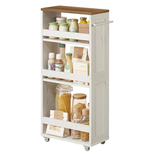 Image of VASAGLE 4-Tier Slim Storage Trolley, Kitchen Trolley with Wheels, Handle, Small Space, 20 x 43.2 x 86.5 cm, Bathroom, Laundry Room, Rustic White and Honey Brown LRC051K01