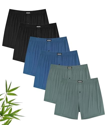 Image of YESWEL Mens Boxers, Bamboo Boxers L Blue Loose Fit With Button Fly, Comfortable Underwear Trunks, Tag-free Underpants Pack of 6