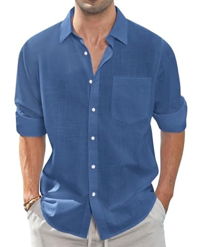 Image of J.VER Men's Linen Cotton Shirts Long Sleeve Regular Fit Casual Solid Lightweight Summer Beach Shirt with Pocket Royal Blue L
