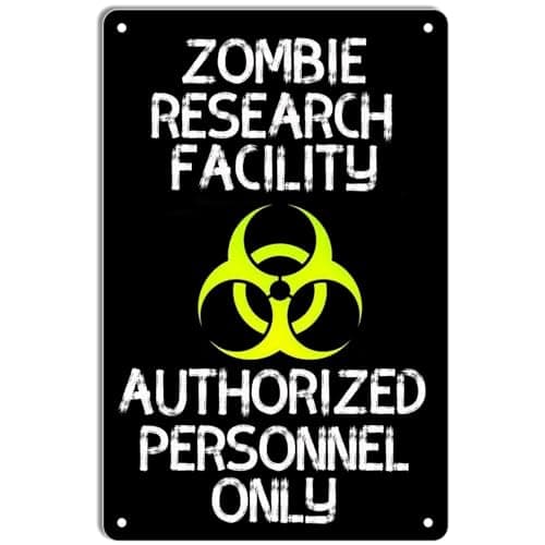 Image of Zombie Research Facility Authorized Personnel Only Warning Metal Tin Sign,Retro Decor Wall Art Posters for Home Garden Yard Bar Pub Outdoor Man Cave Decor 8 X 12 Inch