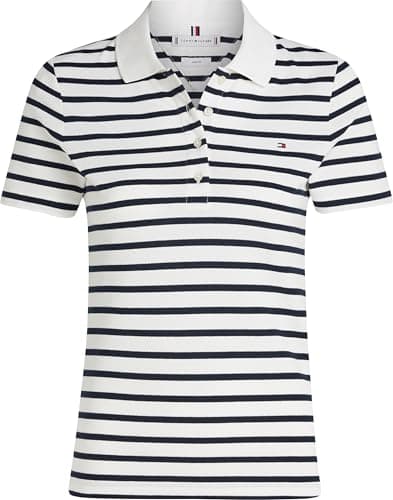 Image of Tommy Hilfiger Women's Short Sleeve Slim Fit Polo Shirt, Multicolor (Breton Ecru/Dark Night Navy STP), S