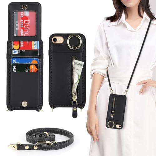 Image of Zouzt for iPhone SE 2022/2020/3rd/2rd / iPhone 8/7 4.7 Inch Case with Cord and Card Holde, Zipper Wallet Case with Crossbody Lanyard Ring Adjustable Necklace Protective Cover Women - Black