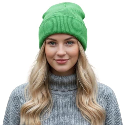 Image of Plain Winter Beanie Hat Warm Thick Knit Acrylic Beanie for Women Men Soft Stretchy Plain Winter Hat Acrylic Knitwear Lime Green
