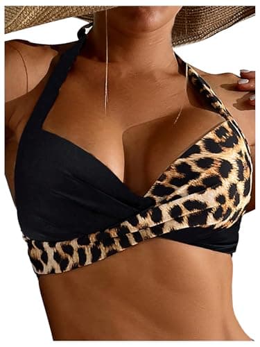 Image of GORGLITTER Women's Leopard Print Colorblock Push Up Bikini Top Halter Neck Tie Back Swim Tops Swimwear Brown Large