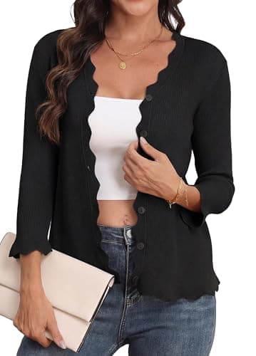 Image of GRECERELLE Women's Lightweight V-Neck Cardigan Scalloped 3/4 Sleeves Shrugs Jumper Ribbed Soft Casual Knitwear Ladies Elegant Outwear (Black, XL)
