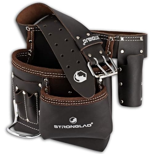 Image of STRONGLAD 5-Pocket Single Side Brown Oil Tanned Leather Tool Belt Pouch Work/Apron for Carpenter and Builders Toolbelt for Construction, brown