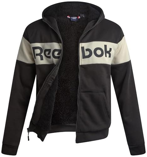 Image of Reebok Mens Softshell Jacket - Active Performance Soft Poly Fleece Sherpa Lined Hoodie Jacket For Outdoor Activities, Charcoal, L