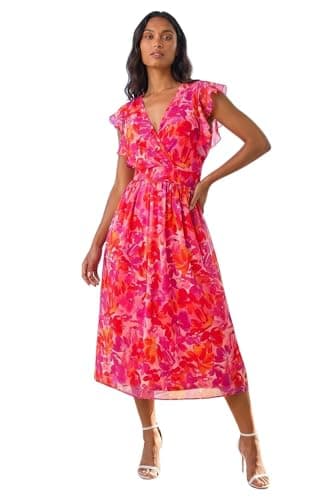 Image of Roman Frill Dress for Women UK Ladies Summer Wrap Chiffon Frill Hem Layered Belted Midi Maxi Tiered Cape Special Occasion Fit & Flare Wedding Guest Swing Skater - Orange Floral - Size 12