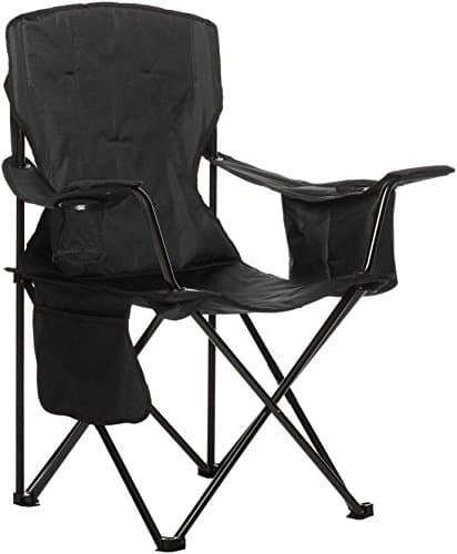 Image of Amazon Basics Comfortable, Heavy Duty, Portable Camping Chair with 4-Can Cooler, Side Pocket, Cup Holder, and Carry Bag, Collapsible for Camping, Fishing, Beach, and Backpacking, Large, Padded, Black