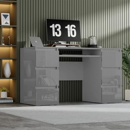 Image of TRIOBLADE Computer Desk with 6 Drawers High Gloss Writing Table 120x50x70cm PC Workstation Study Makeup Dressing Table with Large Storage Working Vanity Desk for Home Office (Grey)