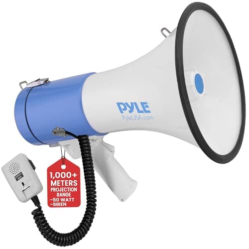 Image of Pyle 50W Megaphone Speaker with Microphone, Loud Bullhorn Megaphones with Siren & Adjustable Volume, Loud Hailer Mega Phone, Indoor/Outdoor Use, Rechargeable, Perfect for Police, Football, Kids & More