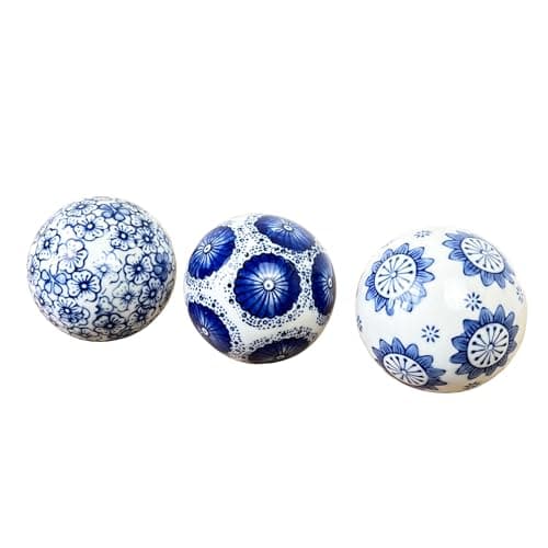 Image of Alfie Francis Set of 3 Small 7cm Ceramic Blue and White Deco Ball Ornaments for the Home Bowl Fillers Decorations