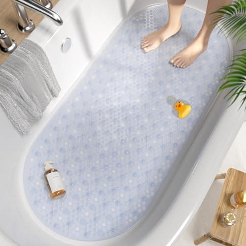 Image of HITSLAM Oval Bath Mat Non Slip Anti Mould, 88 x 40 CM Anti Slip Shower Mat for Bathroom, Machine Washable Bubble Bathtub mat with Suction Cups and Drain Holes, Soft on Feet, Clear