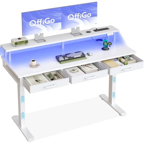 Image of OffiGo Electric Standing Desk, 140 x 54cm Height Adjustable Desk with 3 Drawers, RGB LED Strip & Charging Station for Home Office Computer Workstation, Computer Table with Monitor Stand, White