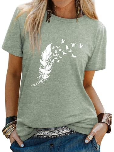 Image of Dresswel Women Peace Dove Feather Graphic Print T-Shirt Crew Neck Short Sleeve Tee Shirts Summer Tops(1-Olive Green,M)