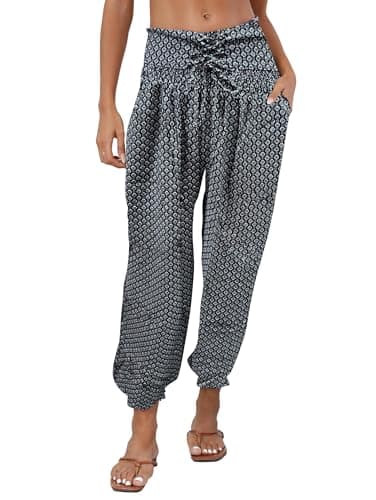 Image of Famulily Ladies Harem Trousers Baggy High Waisted Tie Lantern Pants Lounge Trousers with Pockets Black L