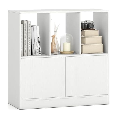 Image of COSTWAY 3-Cube Bookcase with Doors, Modern Bookshelf Open Storage Organizer Unit, Freestanding Cupboard Book Shelf for Home Office, Study and Living Room (White)