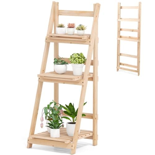 Image of TANGZON Wooden Folding Plant Stand, 3 Tier Flower Planter Ladder Display Rack, Indoor Outdoor Plant Pots Holder for Home, Garden, Backyard & Balcony (Natural, 41 x 41 x 108cm)