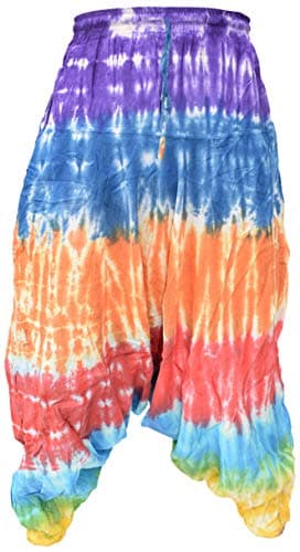 Image of Gheri Men's Light Cotton Drop Crotch Ninja Aladdin Genie Harem Pants Trousers Rainbow Stripy Tie Dye LXL