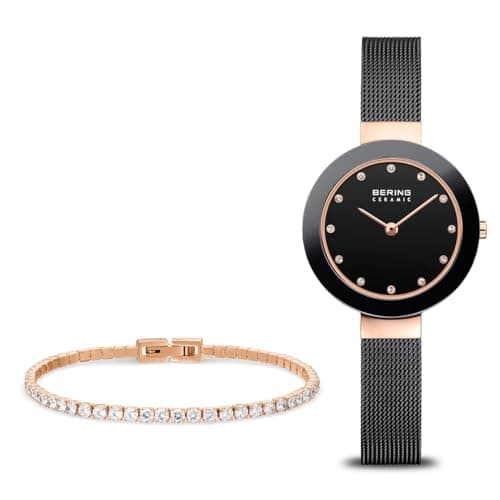 Image of BERING Women's Quartz Watch, 29 mm Rose-Gold Stainless-Steel Case and Black Dial, Milanese Strap, Sapphire Crystal, 5 ATM, 11429-166-GWP1