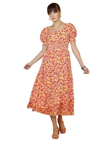 Image of Sheetal Associates Women's Casual Flared Sleeve Crepe Floral Fit and Flare Dress, Orange, M