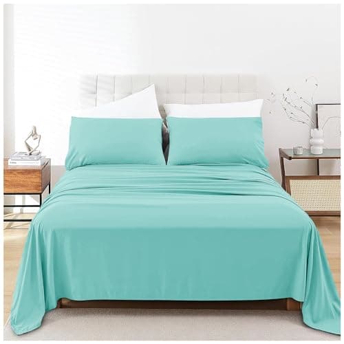 Image of Soft Hotel Quality Bedding Wrinkle Free Polycotton Flat Sheet Bedsheet Aqua Plain Dyed Bed Sheets