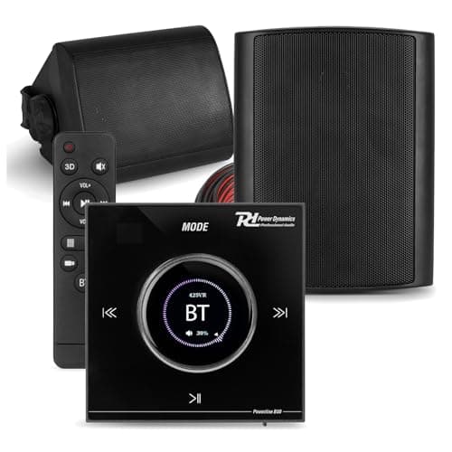Image of Powerline B50B Garden Wall Speaker System with Bluetooth In Wall Amplifier, Weatherproof Outdoor Audio Setup, Black, 2 x 5.25" Speakers, Remote, Cables Included