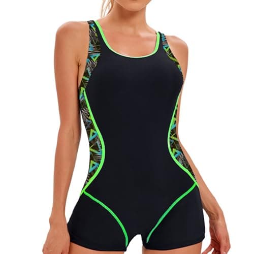 Image of LXEASYGO Womens One Piece Swimsuit with Short Sports Scoopback Swimming Costumes Modest Swimwear with Tummy Control & Removable Foam Cups (UK, Numeric, 12, 14, Regular, Regular, Black Green)