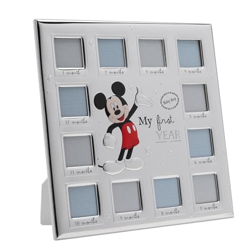Image of Disney – Mickey Mouse – Real Silver-Plated Multi 12 Aperture Photo Frame 'My First Year' – Made in Italy Licensed Disney Merchandise – Self-Standing Wood Back - Early Years, New Baby, Birth Gifting.