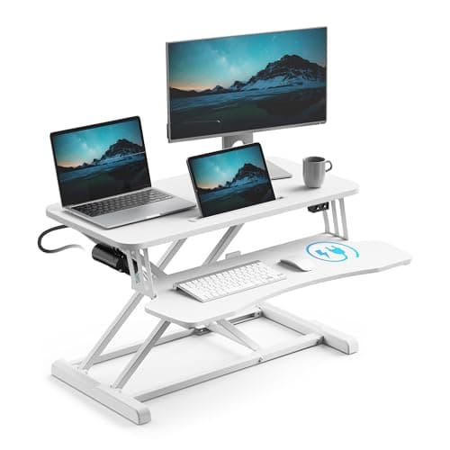 Image of VonHaus Electric Standing Desk Converter, Height Adjustable Two Tier Computer Workstation w/Keyboard Shelf, Dual Monitor Sit Stand Riser w/Controls & Tablet Holder, 80x40cm & 20kg Capacity (White)