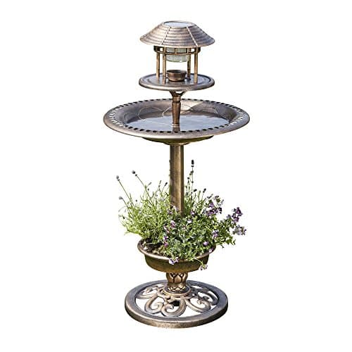 Image of Happy Beaks Outdoor Bird Bath Feeding Station Hotel with Planter & Solar Light (Bronze)