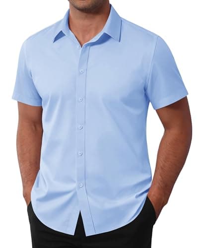 Image of siliteelon Men's Short Sleeve Blue Dress Shirts Stain Shield Stretch Non Iron Business Casual Button Down Shirts Regular Fit Shirt for Adult