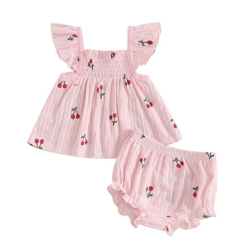 Image of BeliBacca Infant Baby Girls Summer Outfits Cherry Print Flying Sleeve Babydoll Collar Smocking Tops Elastic Ruffle Shorts Toddler Girls Clothes (Pink, 3-6 Months)