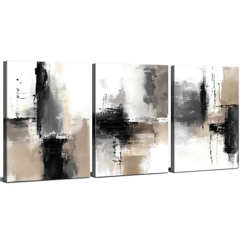 Image of Set of 3 Abstract Canvas Wall Art Neutral Modern Wall Pictures for Living Room Decor Black Grey Beige Minimalist Wall Decor Contemporary Framed Artwork for Bedroom Hallway Home Decorations 30x40cm