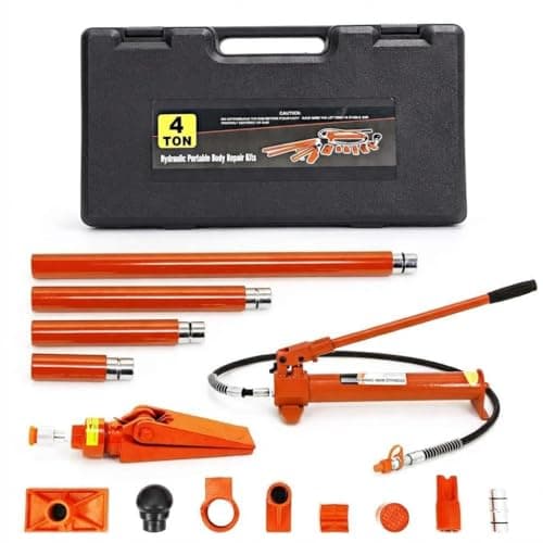 Image of 4/10/12 Ton Porta Power Hydraulic Ram Kit with Pump, 1.4m Oil Hose, Auto Body Frame Repair Car Jack Set, Portable Heavy Duty Tool with Storage Case for Garage Truck Farm