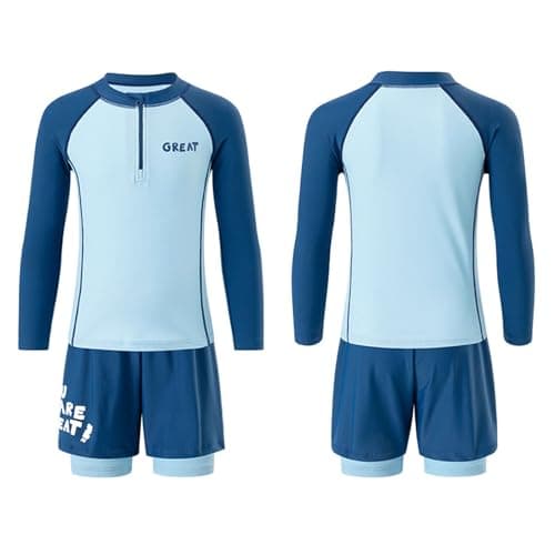 Image of InfiniZer Boys Swimming Costume Two-Piece Swimwear Set with Rash Vest Boys, UPF 50+ Sun Protection, Quick-Drying Swimwear for Holidays and Pools (UK, Age, 14 Years, 15 Years, Regular, Blue)