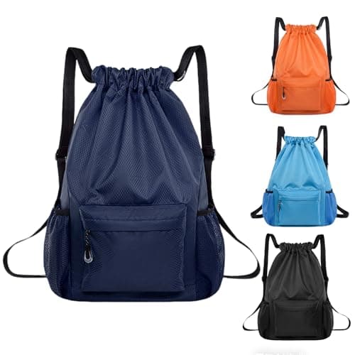 Image of BAOWUABJ Drawstring Bags, String Backpack, Large Waterproof Sports Backpack for Kids Adults, Unisex, Swim PE Bags Drawstring Gym Bags Sports Backpacks Swimming Bags for Travel Workout (Dark Blue)