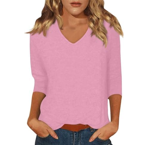 Image of Tops for Women UK Womens Tunic Ladies 3/4 Length Sleeve Blouses Regular Fit V Neck Casual Solid Color Tee Shirt Classic Lightweight Office Shirts Fashion Trendy(Pink, M)