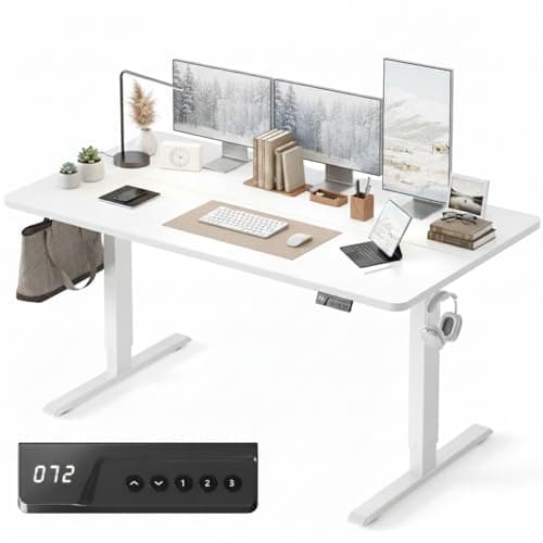 Image of FEZIBO Height Adjustable Electric Standing Desk, 160 * 60 cm Stand up Table, Sit Stand Home Office Desk with Splice Board, White Frame/White Top