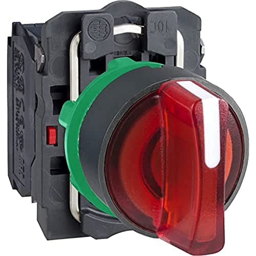 Image of Schneider Electric Illuminated selector switch, Harmony XB5, grey plastic, red handle, 22mm, 3 positions, universal LED, 1NO + 1NC, 24V AC DC